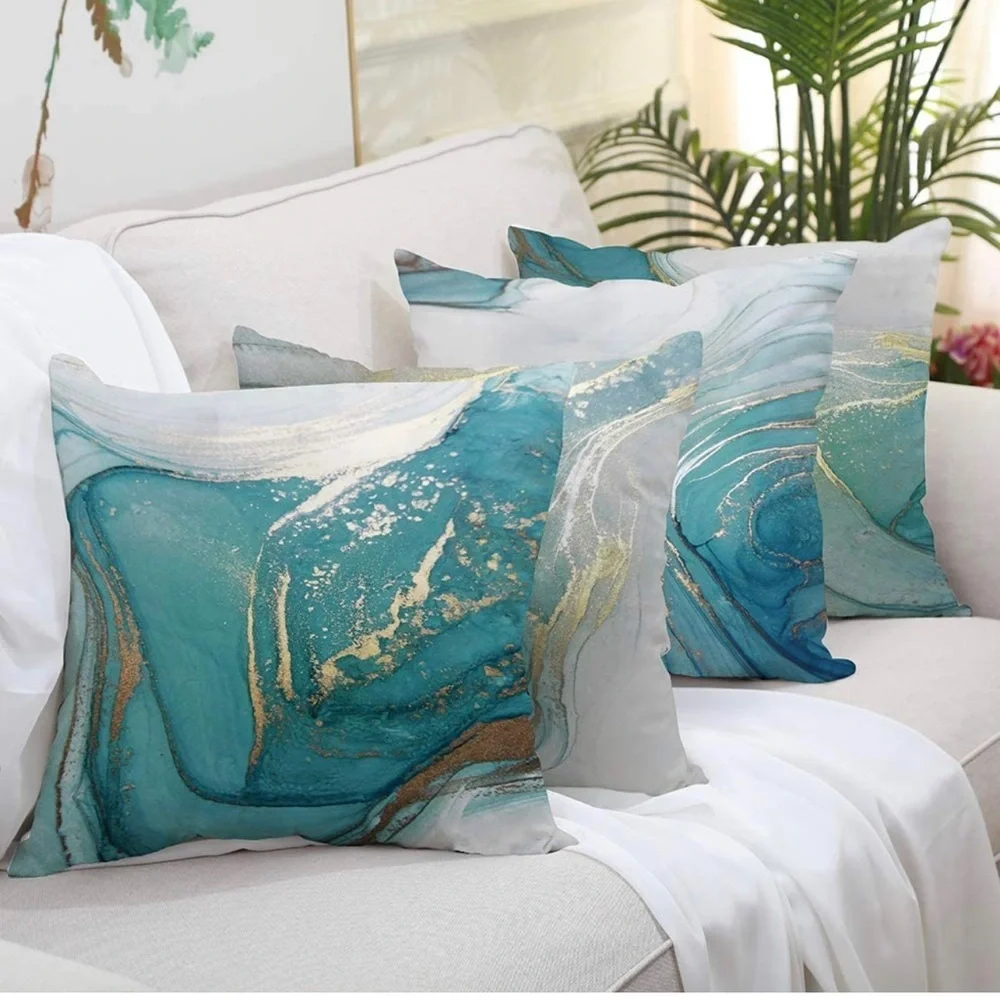 Marble Texture Turquoise and Gold Silver Decorative Throw Pillow Covers Set of 4 - Picture 4 of 15